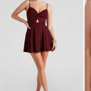Windsor Burgundy Glitter Mini Dress with Spaghetti Straps And Key Hole Cutout